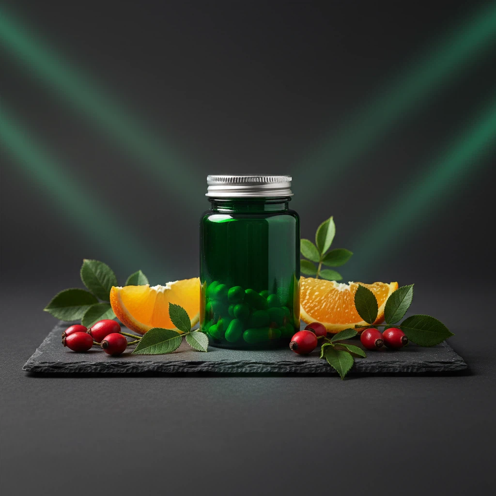 Belosa Revive Labs -ravintolisäpurkit ja tuoreet yrtit tummalla pinnalla